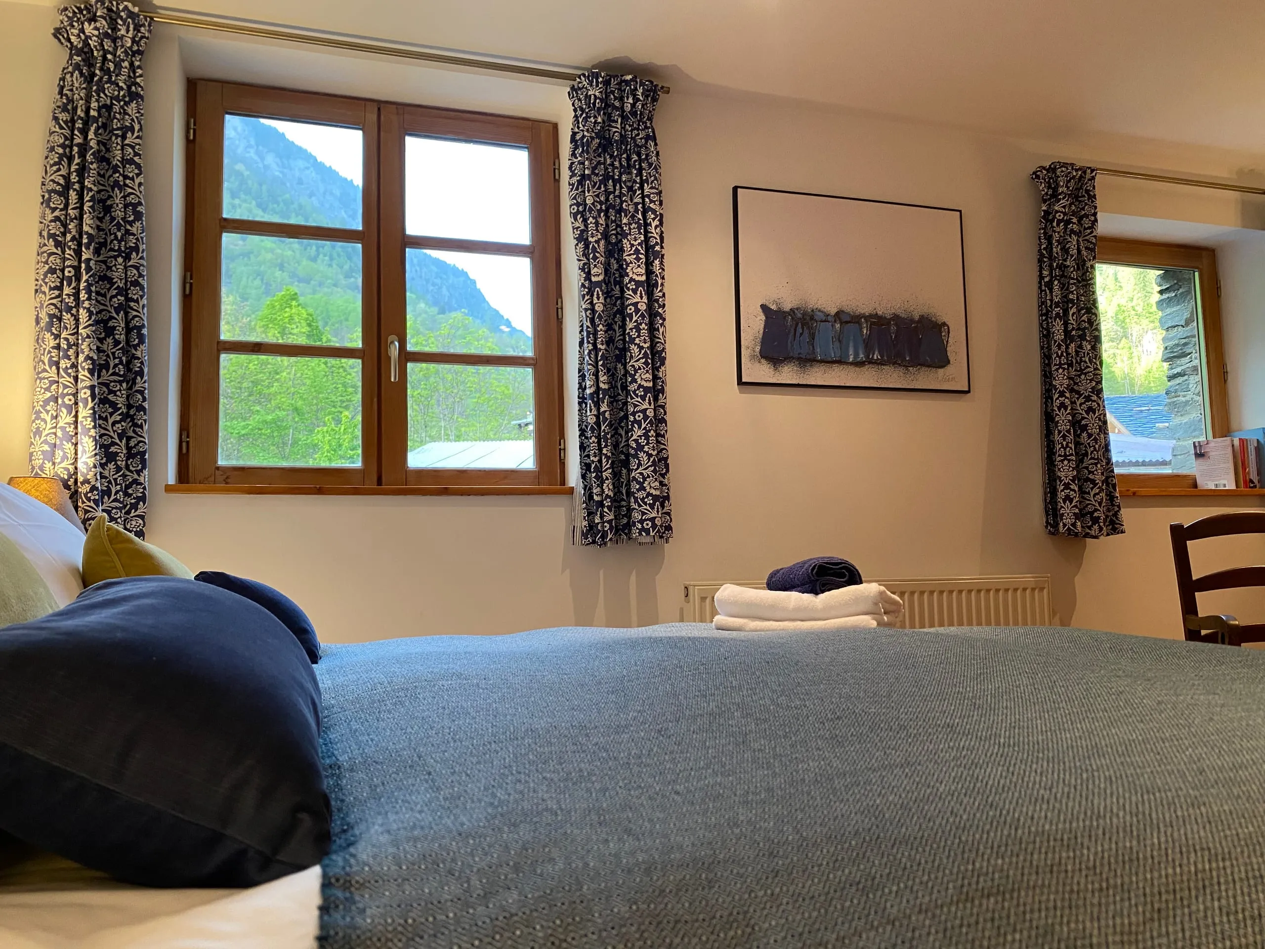 La vue depuis le lit de la chambre quatre, deux fenêtres sur la montagne boisée