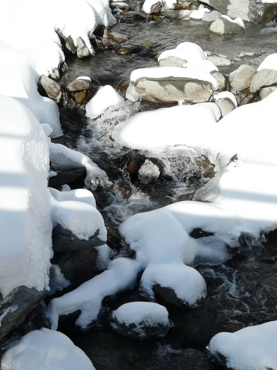 Un ruisseau serpentant dans la neige