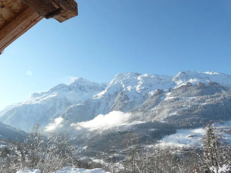 Snow-covered peaks seen from the top floor of the chalet