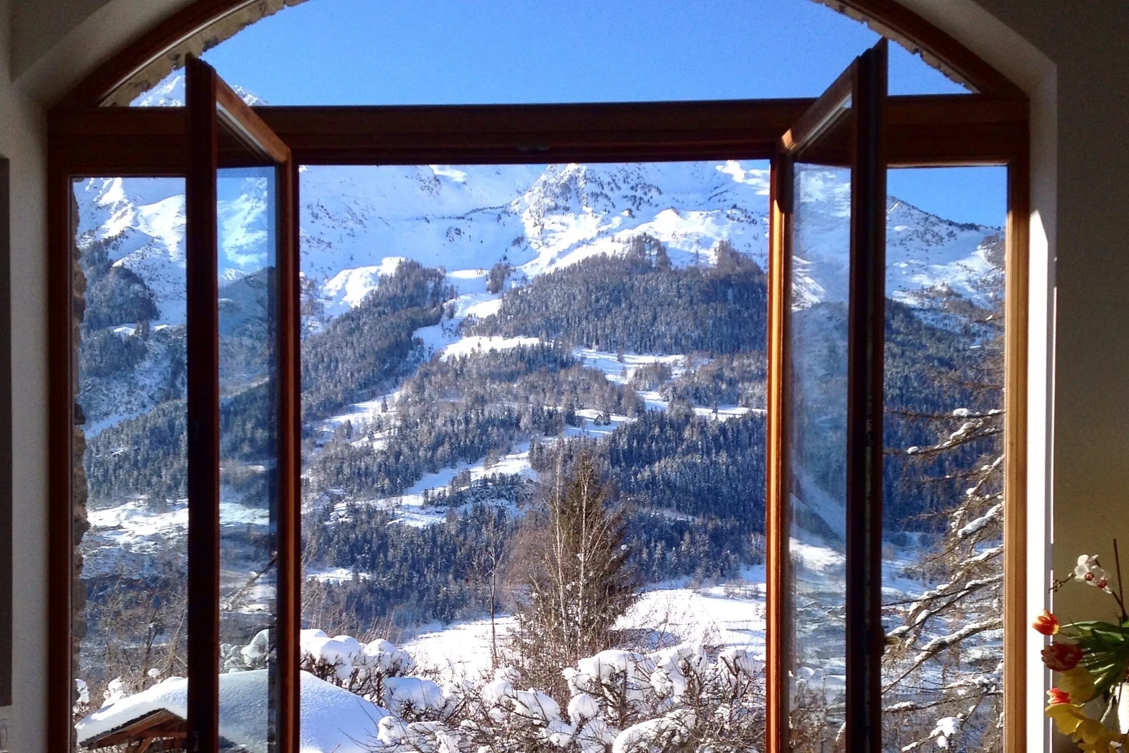 Les montagnes enneigées vues de la table à manger